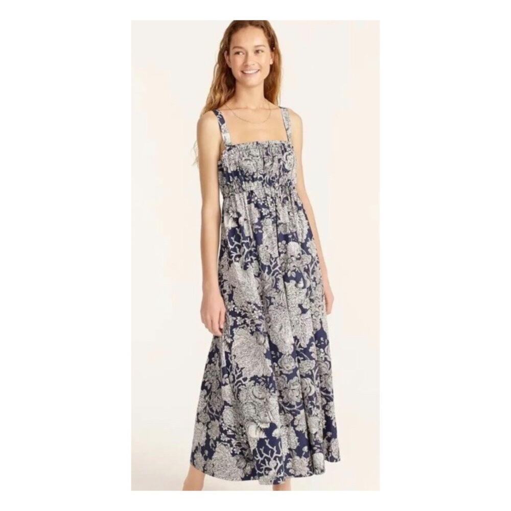 NWT J Crew Collection Gathered Tank Ratti Seashell Print Midi Dress Blue XL